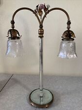 VINTAGE ANTIQUE 24” DOUBLE SOCKET GLASS BRASS MIRROR PEDESTAL LAMP W/ SHADES picture