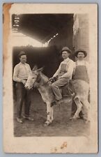 c 1910 Antique RPPC Real Photo Postcard 2 Men & Donkey Western Hats Overalls picture