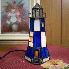 Tiffany Style Stained Glass Lighthouse Light Lamp Blue and White Vtg 9