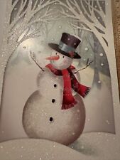 Vtg Unused Christmas Card Heavy Glitter Snowman In Woods Trees AG W/Env picture