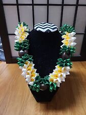 Grad Party Wedding Hawaiian Green & White Flowers Kukui Nuts Rosebud Ribbon Lei picture