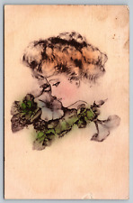 Woman Smelling flower Colored Cobb Shin artist signed art nouveau vtg postcard  picture
