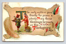 Thanksgiving Settlers & Native American Animal Fox Hide Border Postcard picture