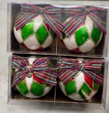 4 Mackenzie Childs Red Green Harlequin Capiz Ornaments With Tartan Bows 4” NIB picture
