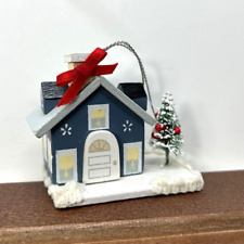 1986 Kurt S Adler Christmas Wood Ornament, House Tree Red Bow, Vintage picture