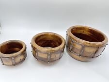 Vintage Nesting solid wood Set Of 3  Bowls Vase Metal detail hand carved decor picture
