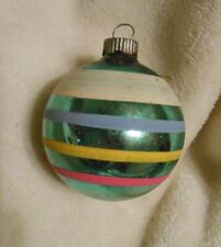 50s Shiny Brite Glass Ornament - Green w White, Blue, Yellow & Pink Stripes picture
