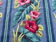 4.5YDS Cerulean Blues & Aquamarine Hibiscus Stripe Barkcloth Era Vintage Fabric picture