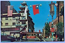 San Francisco's Chinatown Trolley Cathay House Vintage Cars People VTG Postcard picture