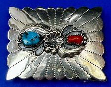Vintage Sterling Silver Turquoise & Coral Navajo Belt Buckle - See Makers Mark picture