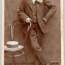 c1870s Handsome Young Man Standing w/ Metal Chair w/ Hat CdV Photo Card Cool H27 picture