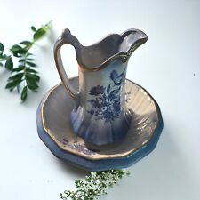 Vintage Wash Bowl and Pitcher With Blue Floral Design picture