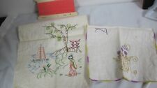 VINTAGE LINEN DRESSER  ASIAN SCARF EMBROIDERED - 6 YARDS CORAL LACE & TEA TOWEL  picture