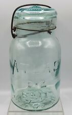 Vintage Atlas E-Z Seal 1 Quart Aqua Blue Glass Fruit Lightning Canning Jar & Lid picture