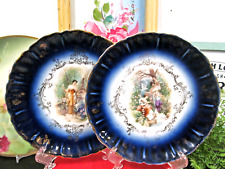 Antique Victoria Carlsbad Austria Kaufmann set of cobalt blue plates Maidens picture