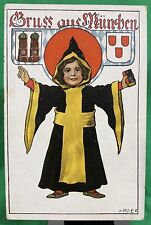 1900s German Postcard Gruss aus Munchen Boy Wizard Black Yellow Robe Munich picture