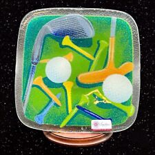 Vintage Peggy Karr Fused Glass Golfing Theme Plate 8”D W Label Signed Glass picture