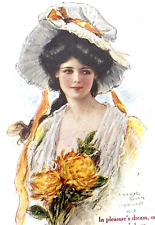 Antique Vintage Postcard Signed Archie Gunn 1908 Woman Yellow Flowers Gold Frame picture