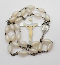 Antique The Last Rosary Silver Crucifix Opal Pearlescent Beads 29” LONG picture