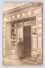 Shopkeeper Woman Outside French Tabac Bar RPPC Antique France Photo ~1910s picture