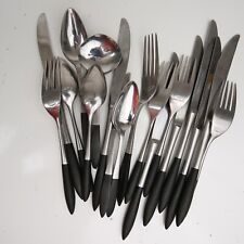 Epic Forged Stainless Japan Black Handle Mid Century Modern Vtg Flatware 18 Pcs picture