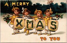 Christmas Row Girls Carrying Lanterns Pole XMAS Smiles Holly Germany postcard P1 picture
