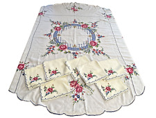 Vintage Hand Embroidered Tablecloth Cross Stitch Roses Floral 63