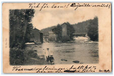 c1905 Waterfall Flood Boy and Girl Bridge View Sweden Posted Antique Postcard picture