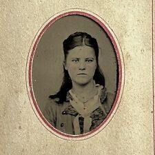 Antique Tintype Photograph Beautiful Somber Young Woman Tinted Necklace picture