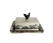 Kate Williams Black & White Toile French Country Butter Dish Farm Rooster Bunny picture