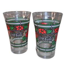 Vintage Coca-Cola Holiday Stained Glass Poinsettia Glasses Lot of 2 Tumblers picture