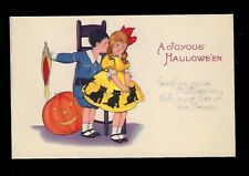 c1908 Halloween Postcard Boy & Girl Yellow Dress Black Cats, JOL picture