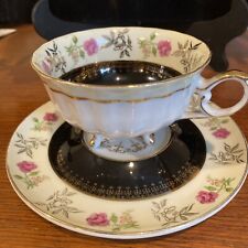 vintage lefton china footed tea cup and saucer Black. Gold. Roses. Handpainted picture