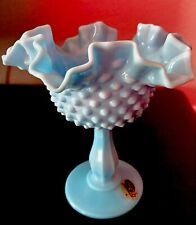 Vintage￼ Fenton Blue & White Swirled Ruffled Hobnail Slag Glass Compote Dish picture