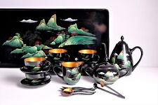 22 pcs Vintage Black Lacquered Hand Painted Wood Tea Set with Tray picture