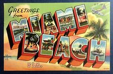 Postcard Miami Beach Florida Big Letter Greetings Plane Palm Trees Beach 1942 picture