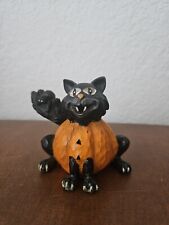 Vintage Halloween Resin Black Cat Pumpkin JOL Figurine picture