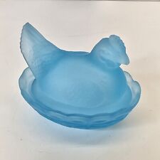 Vintage Hen On A Nest Chicken Frosted Light Blue Glass Clear Satin 3 Inch  picture