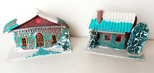 Vintage Christmas Putz Village Paper Cardboard House Lot of 2 Houses Brown Aqua picture
