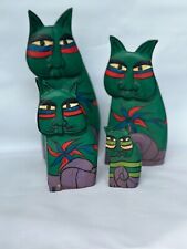Set of 4 Laurel Burch Graduated Wooden Cats Folk Art Green Purple Green 3”-9” H picture