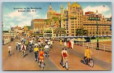Atlantic City New Jersey~Crowds Bicycle On Boardwalk~Vintage Linen Postcard picture