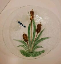 Handmade Fused Art Glass Dragonfly & Cat Tails Decorative Dish Shallow Bowl 11