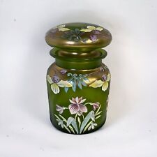 Antique French Hand Painted Green Glass Canister picture