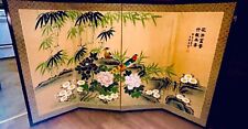 Dancing Lotus Birds Japan Byobu Hand-painted Silk, 4 Panels Painting 