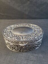 VTG Oval Silver Color Trinket Jewelry Box Engraving All Over Blue Velvet Lining picture