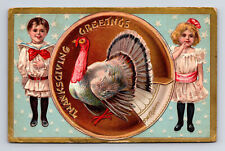 c1909 Thanksgiving Series No 1 Turkey & Pumpkin Pie Children Boy & Girl Postcard picture