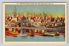 New York City NY, Manhattan Bridge, New York Skyline, Vintage Postcard picture