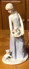 Vintage Glazed Porcelain Lady Holding Apron full of Kittens Cat Pawing at Dress  picture