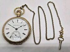 Antique Working 1880 HAMPDEN Victorian 11J Key Wind Gold GF Pocket Watch w/Chain picture