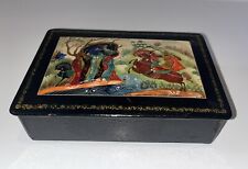 Vintage Russian Palekh Black Lacquer Trinket Box 6 1/4” x 4” Hand Painted picture